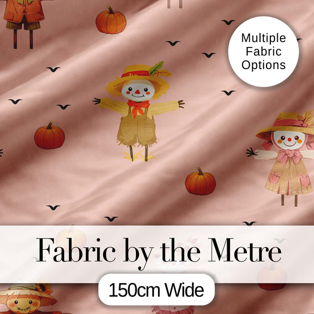 Cute Autumn Scarecrow Pumpkin Birds Seamless Pattern Peach Background Digital Print Fabric by the Metre UK Sewing Quilting Textile