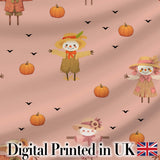 Cute Autumn Scarecrow Pumpkin Birds Seamless Pattern Peach Background Digital Print Fabric by the Metre UK Sewing Quilting Textile