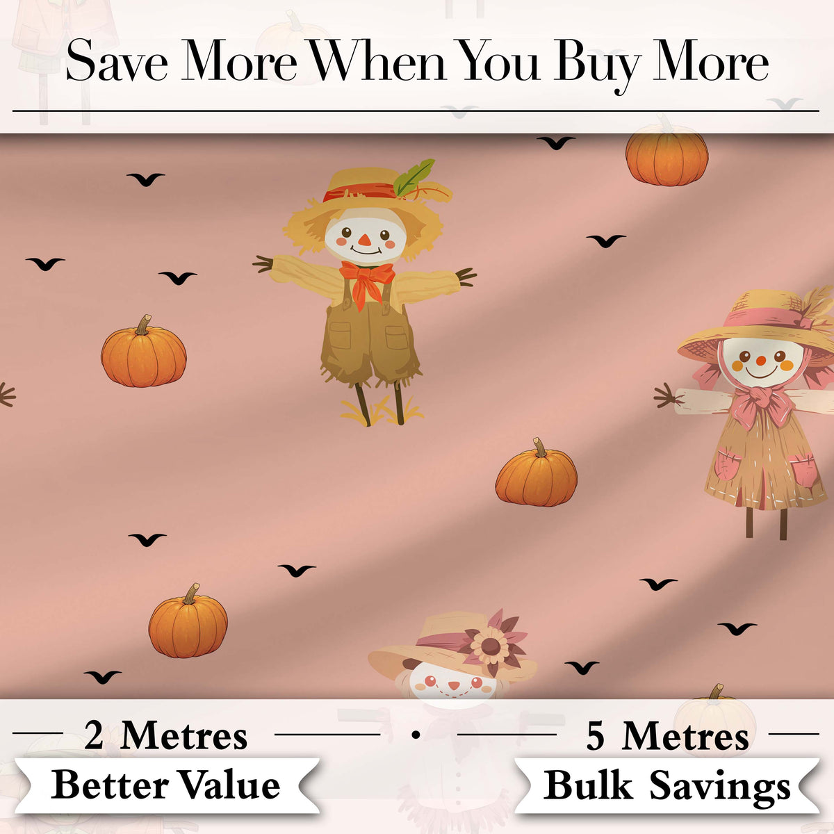 Cute Autumn Scarecrow Pumpkin Birds Seamless Pattern Peach Background Digital Print Fabric by the Metre UK Sewing Quilting Textile