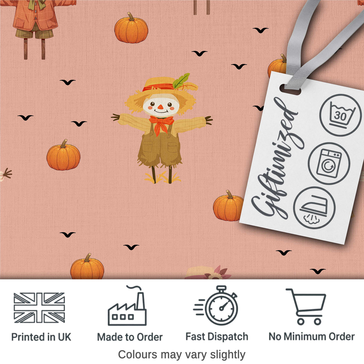 Cute Autumn Scarecrow Pumpkin Birds Seamless Pattern Peach Background Digital Print Fabric by the Metre UK Sewing Quilting Textile