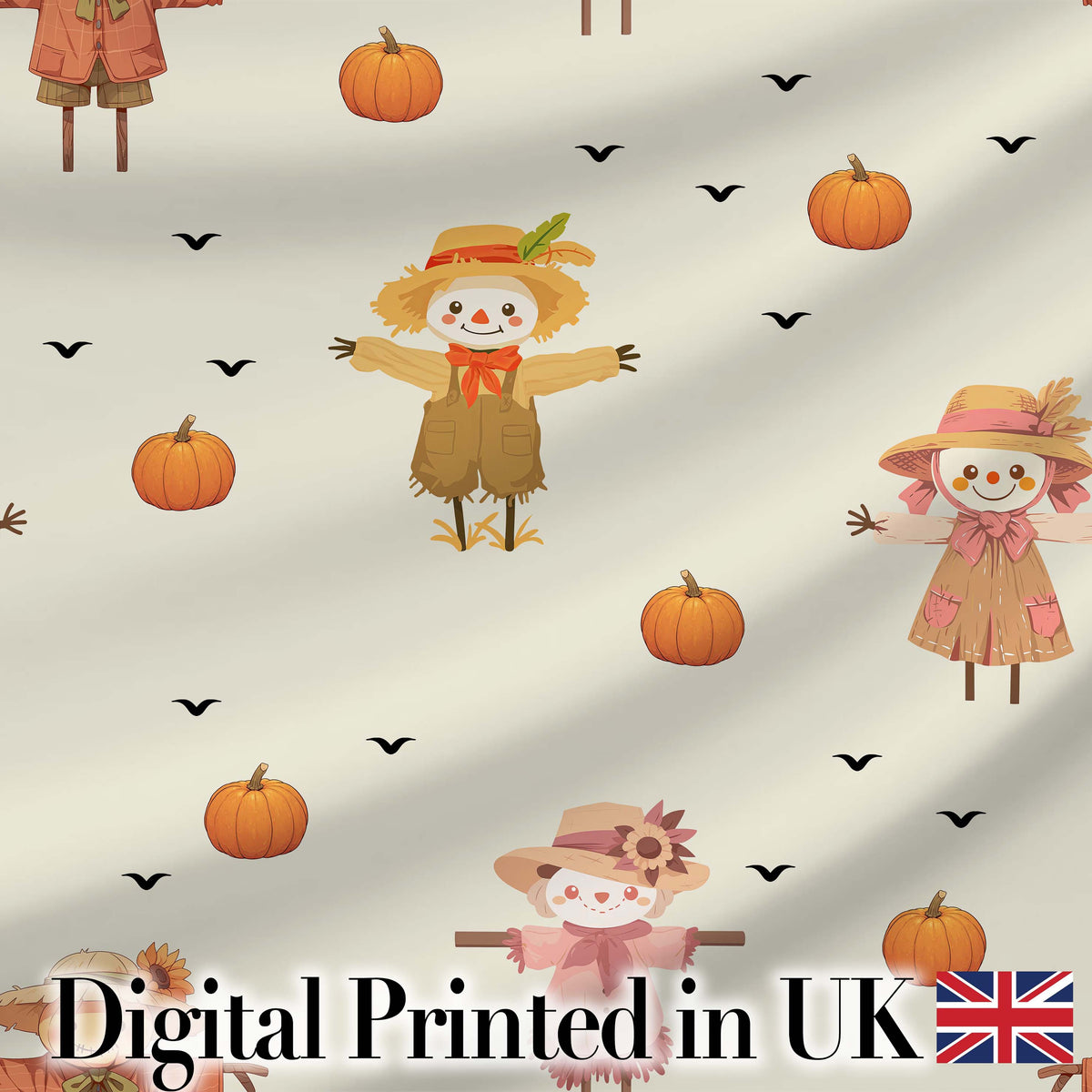 Cute Autumn Scarecrow Pumpkin Birds Seamless Pattern Cream Background Digital Print Fabric by the Metre UK Sewing Quilting Textile