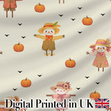 Cute Autumn Scarecrow Pumpkin Birds Seamless Pattern Cream Background Digital Print Fabric by the Metre UK Sewing Quilting Textile