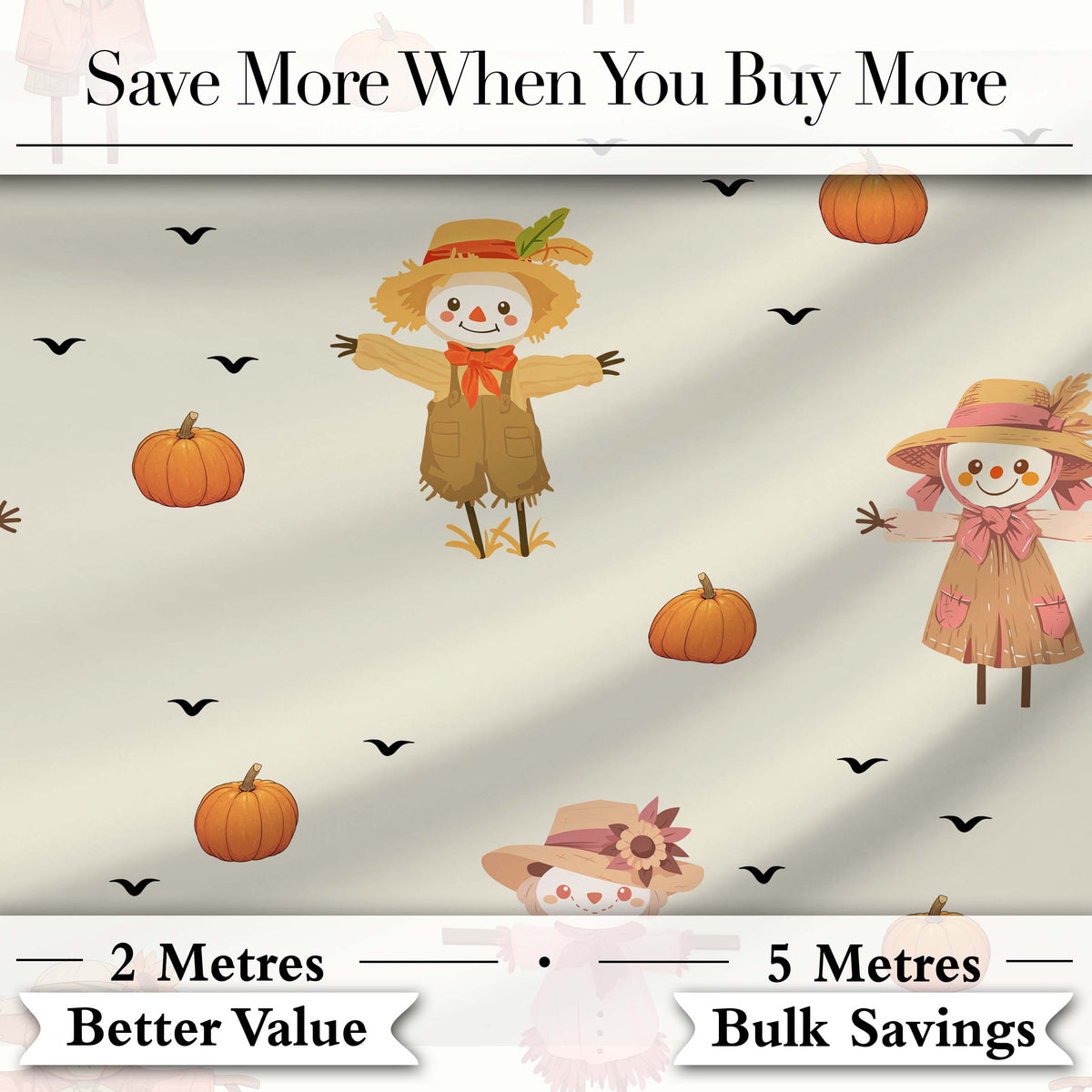 Cute Autumn Scarecrow Pumpkin Birds Seamless Pattern Cream Background Digital Print Fabric by the Metre UK Sewing Quilting Textile
