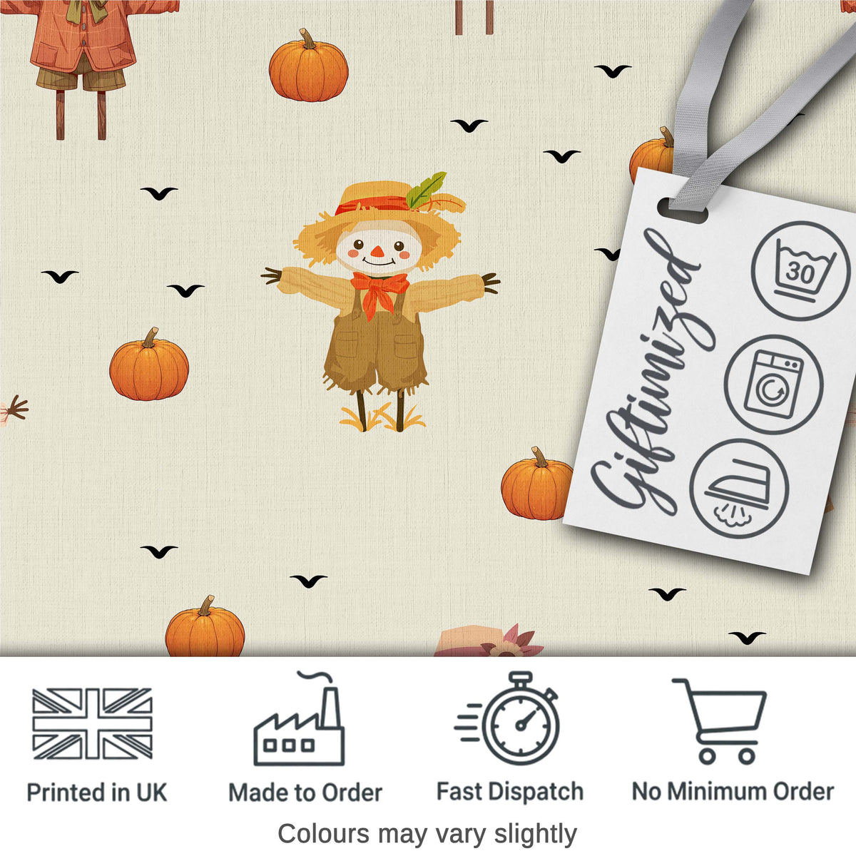 Cute Autumn Scarecrow Pumpkin Birds Seamless Pattern Cream Background Digital Print Fabric by the Metre UK Sewing Quilting Textile