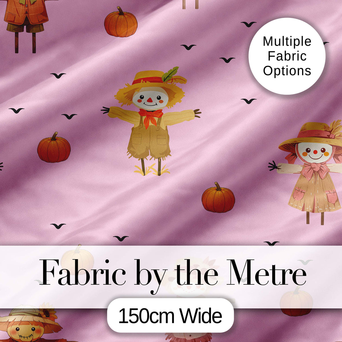 Cute Autumn Scarecrow Pumpkin Birds Seamless Pattern Pink Background Digital Print Fabric by the Metre UK Sewing Quilting Textile