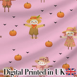 Cute Autumn Scarecrow Pumpkin Birds Seamless Pattern Pink Background Digital Print Fabric by the Metre UK Sewing Quilting Textile