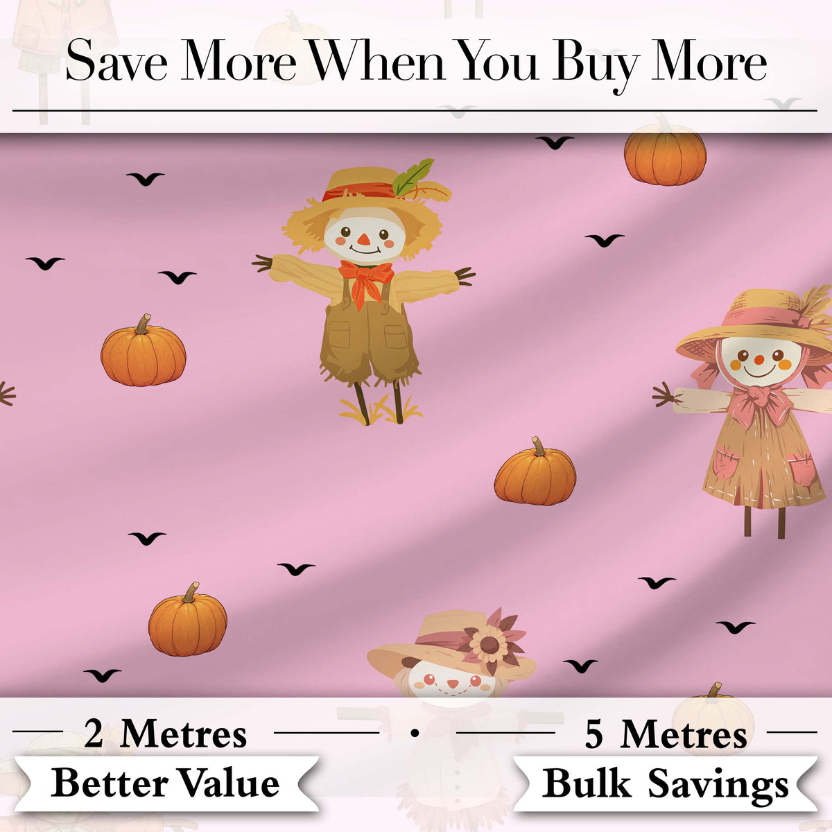 Cute Autumn Scarecrow Pumpkin Birds Seamless Pattern Pink Background Digital Print Fabric by the Metre UK Sewing Quilting Textile