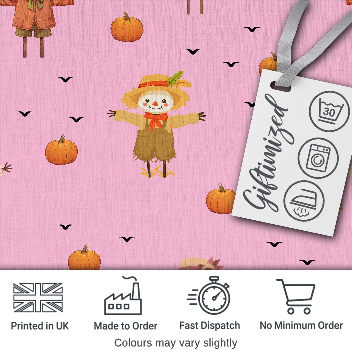 Cute Autumn Scarecrow Pumpkin Birds Seamless Pattern Pink Background Digital Print Fabric by the Metre UK Sewing Quilting Textile