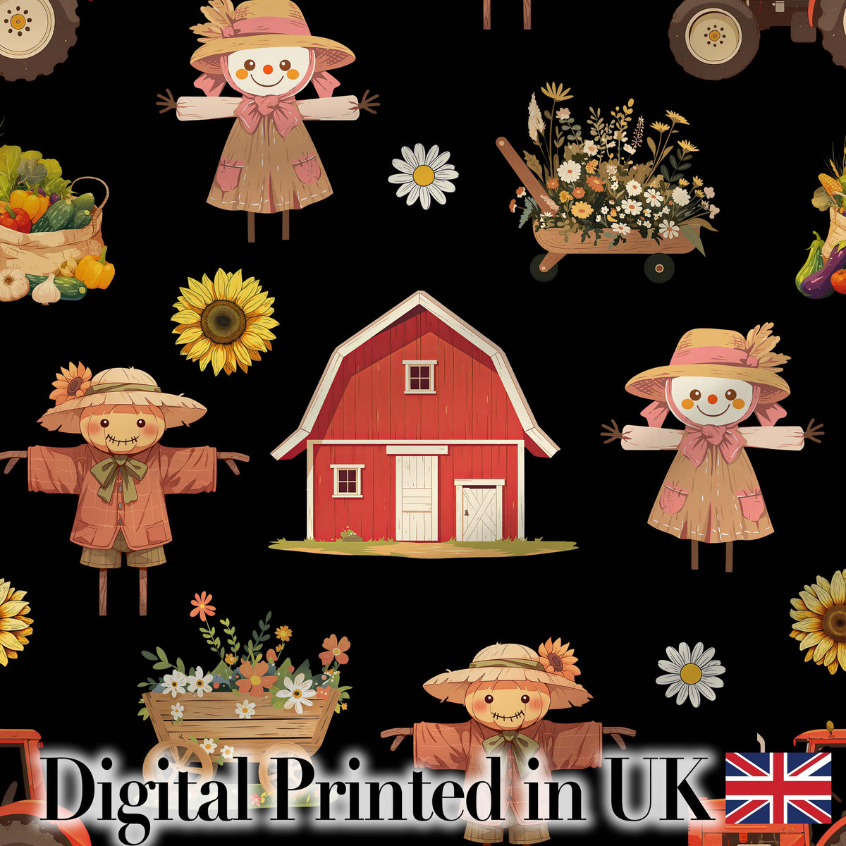Cute Autumn Farm Scarecrow Barn Flowers Seamless Pattern Black Background Digital Print Fabric by the Metre UK Sewing Quilting Textile