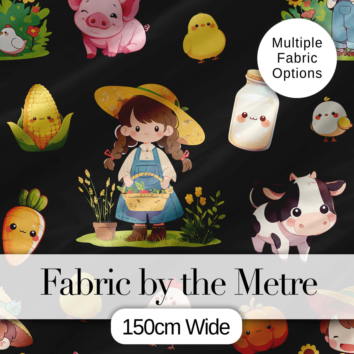 Cute Farm Girl Animals Harvest Seamless Pattern Black Background Digital Print Fabric by the Metre UK Sewing Quilting Textile