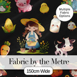Cute Farm Girl Animals Harvest Seamless Pattern Black Background Digital Print Fabric by the Metre UK Sewing Quilting Textile