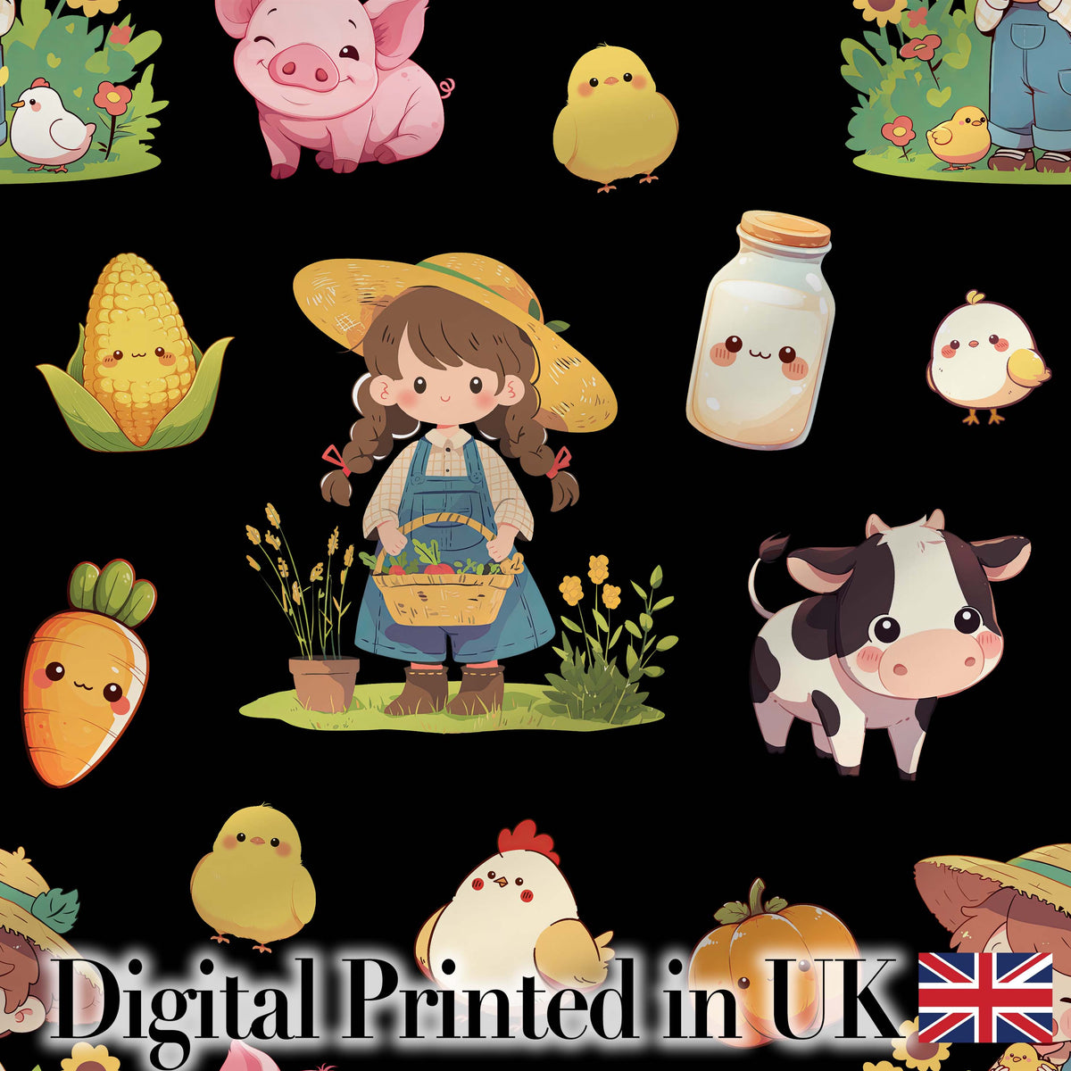 Cute Farm Girl Animals Harvest Seamless Pattern Black Background Digital Print Fabric by the Metre UK Sewing Quilting Textile