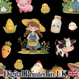 Cute Farm Girl Animals Harvest Seamless Pattern Black Background Digital Print Fabric by the Metre UK Sewing Quilting Textile