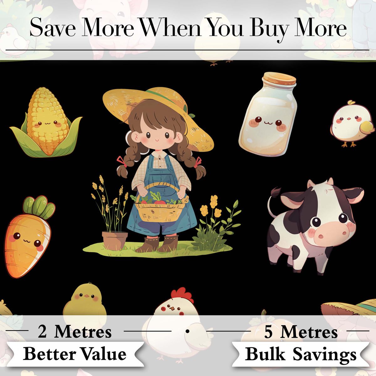 Cute Farm Girl Animals Harvest Seamless Pattern Black Background Digital Print Fabric by the Metre UK Sewing Quilting Textile