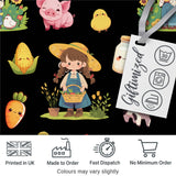 Cute Farm Girl Animals Harvest Seamless Pattern Black Background Digital Print Fabric by the Metre UK Sewing Quilting Textile