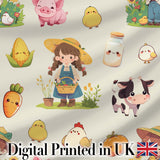 Cute Farm Girl Animals Harvest Seamless Pattern Cream Background Digital Print Fabric by the Metre UK Sewing Quilting Textile