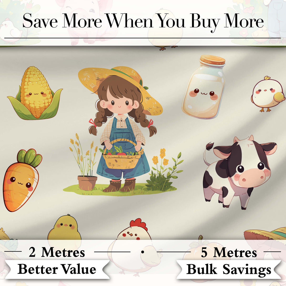 Cute Farm Girl Animals Harvest Seamless Pattern Cream Background Digital Print Fabric by the Metre UK Sewing Quilting Textile