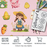 Cute Farm Girl Animals Harvest Seamless Pattern Pink Background Digital Print Fabric by the Metre UK Sewing Quilting Textile