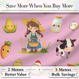 Cute Farm Girl Animals Harvest Seamless Pattern Pink Background Digital Print Fabric by the Metre UK Sewing Quilting Textile