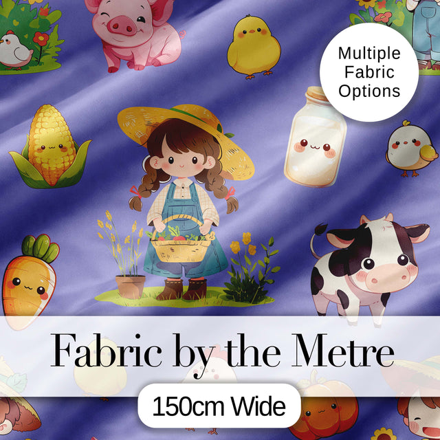 Cute Farm Girl Animals Harvest Seamless Pattern Purple Background Digital Print Fabric by the Metre UK Sewing Quilting Textile