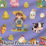 Cute Farm Girl Animals Harvest Seamless Pattern Purple Background Digital Print Fabric by the Metre UK Sewing Quilting Textile
