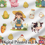 Cute Farm Girl Animals Harvest Seamless Pattern Grey Background Digital Print Fabric by the Metre UK Sewing Quilting Textile