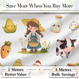 Cute Farm Girl Animals Harvest Seamless Pattern Grey Background Digital Print Fabric by the Metre UK Sewing Quilting Textile