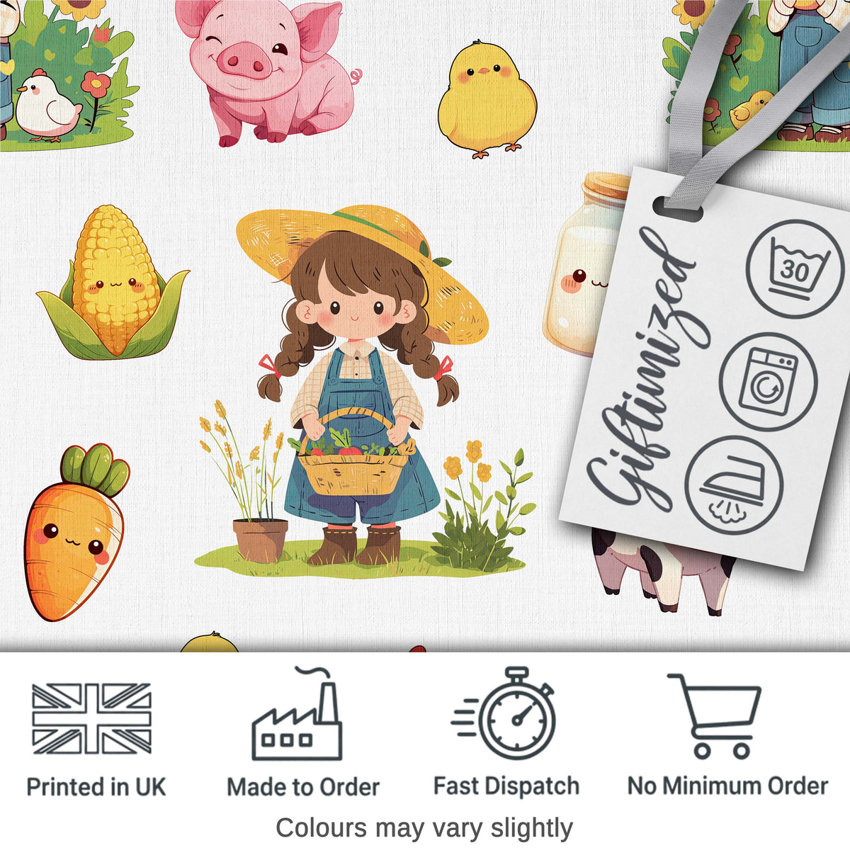 Cute Farm Girl Animals Harvest Seamless Pattern Grey Background Digital Print Fabric by the Metre UK Sewing Quilting Textile