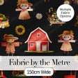 Cute Autumn Scarecrow Barn Flowers Seamless Pattern Black Background Digital Print Fabric by the Metre UK Sewing Quilting Textile