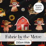 Cute Autumn Scarecrow Barn Flowers Seamless Pattern Black Background Digital Print Fabric by the Metre UK Sewing Quilting Textile