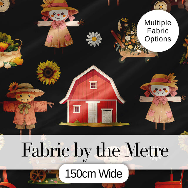 Cute Autumn Scarecrow Barn Flowers Seamless Pattern Black Background Digital Print Fabric by the Metre UK Sewing Quilting Textile