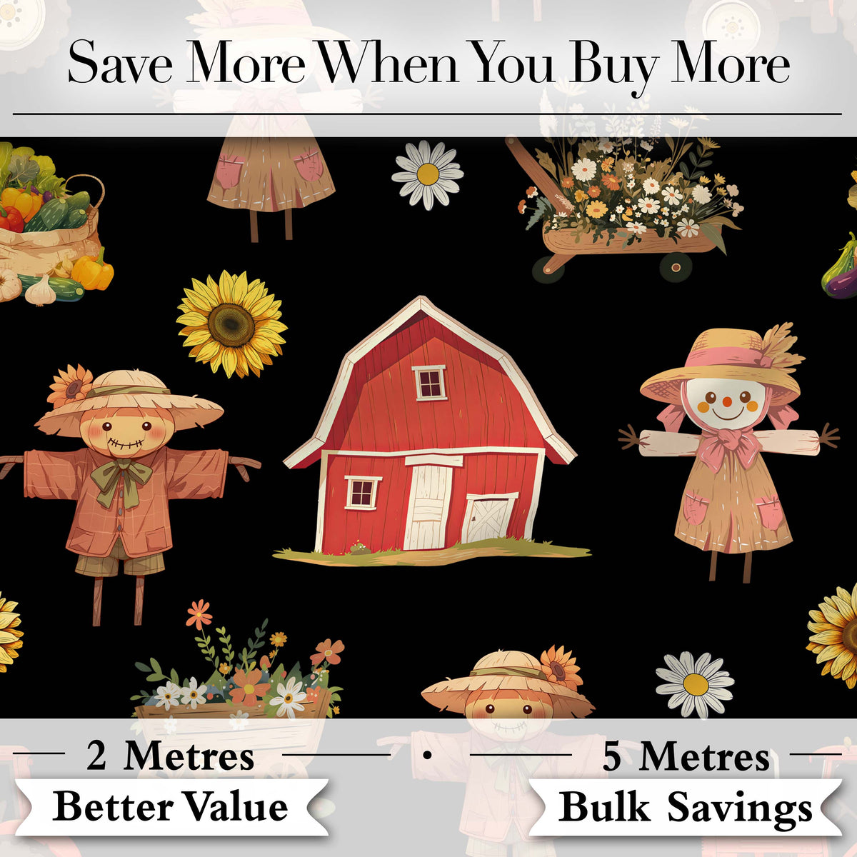 Cute Autumn Scarecrow Barn Flowers Seamless Pattern Black Background Digital Print Fabric by the Metre UK Sewing Quilting Textile