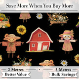 Cute Autumn Scarecrow Barn Flowers Seamless Pattern Black Background Digital Print Fabric by the Metre UK Sewing Quilting Textile