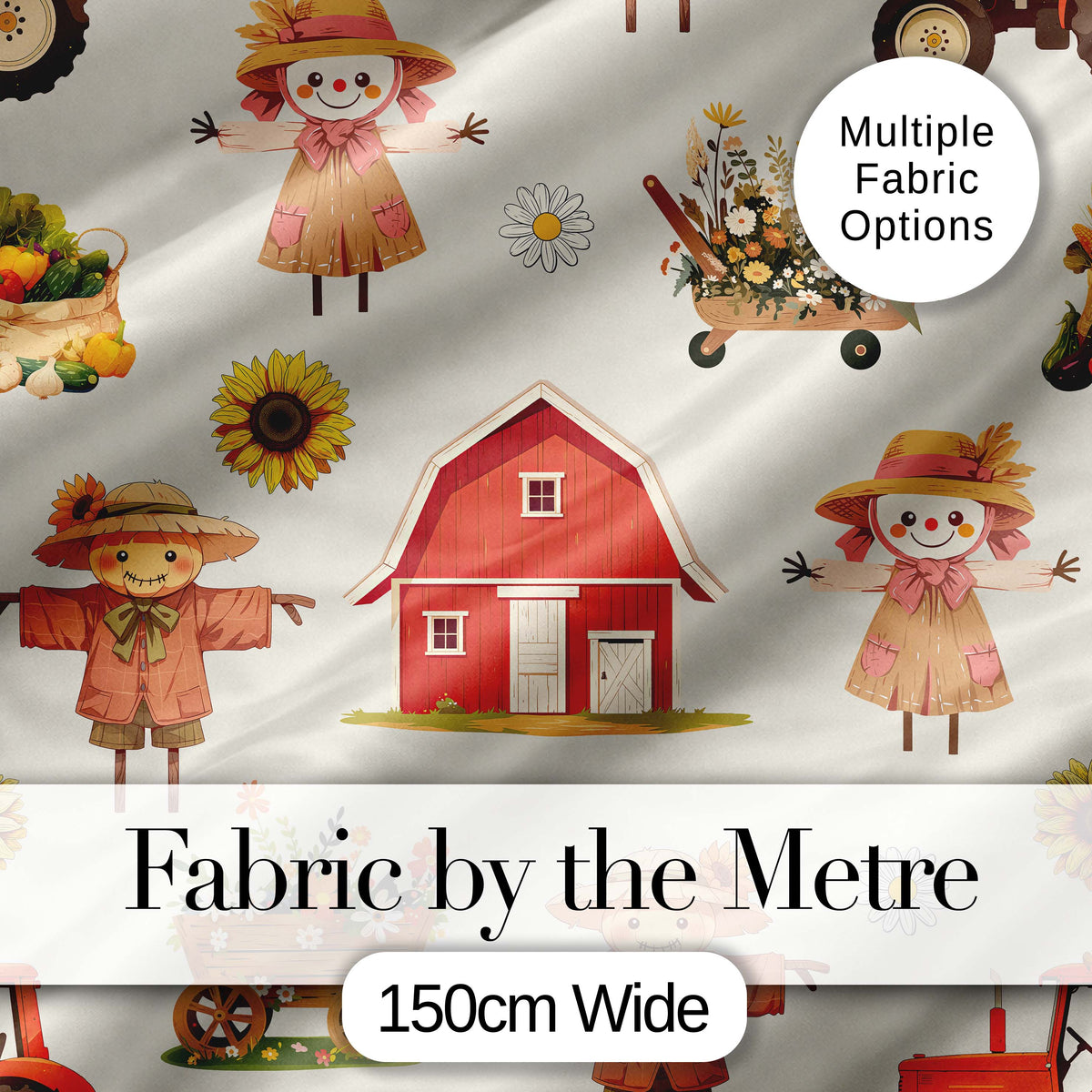 Cute Autumn Scarecrow Barn Flowers Seamless Pattern Cream Background Digital Print Fabric by the Metre UK Sewing Quilting Textile