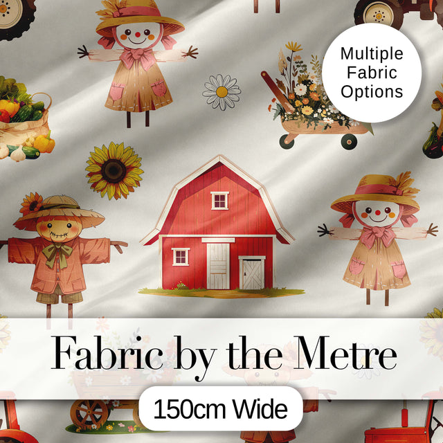 Cute Autumn Scarecrow Barn Flowers Seamless Pattern Cream Background Digital Print Fabric by the Metre UK Sewing Quilting Textile