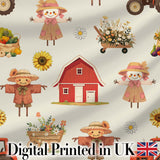 Cute Autumn Scarecrow Barn Flowers Seamless Pattern Cream Background Digital Print Fabric by the Metre UK Sewing Quilting Textile