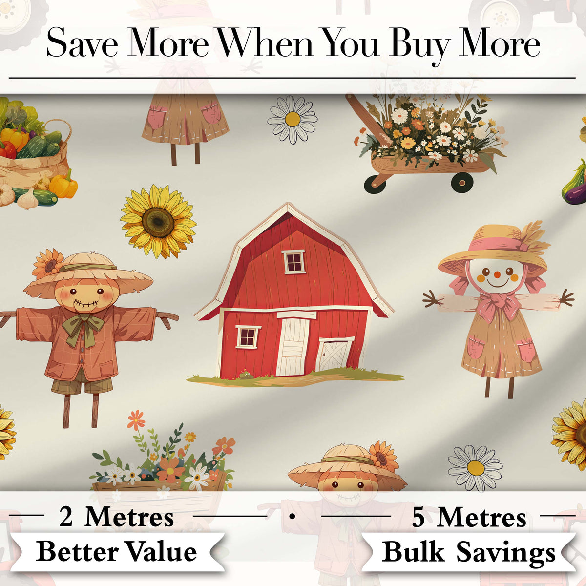 Cute Autumn Scarecrow Barn Flowers Seamless Pattern Cream Background Digital Print Fabric by the Metre UK Sewing Quilting Textile