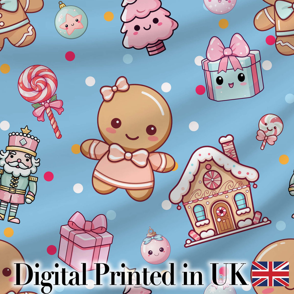 Cute Christmas Gingerbread Candy Gift House Seamless Pattern Blue Background Digital Print Fabric by the Metre UK Sewing Quilting Textile