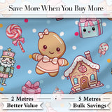 Cute Christmas Gingerbread Candy Gift House Seamless Pattern Blue Background Digital Print Fabric by the Metre UK Sewing Quilting Textile