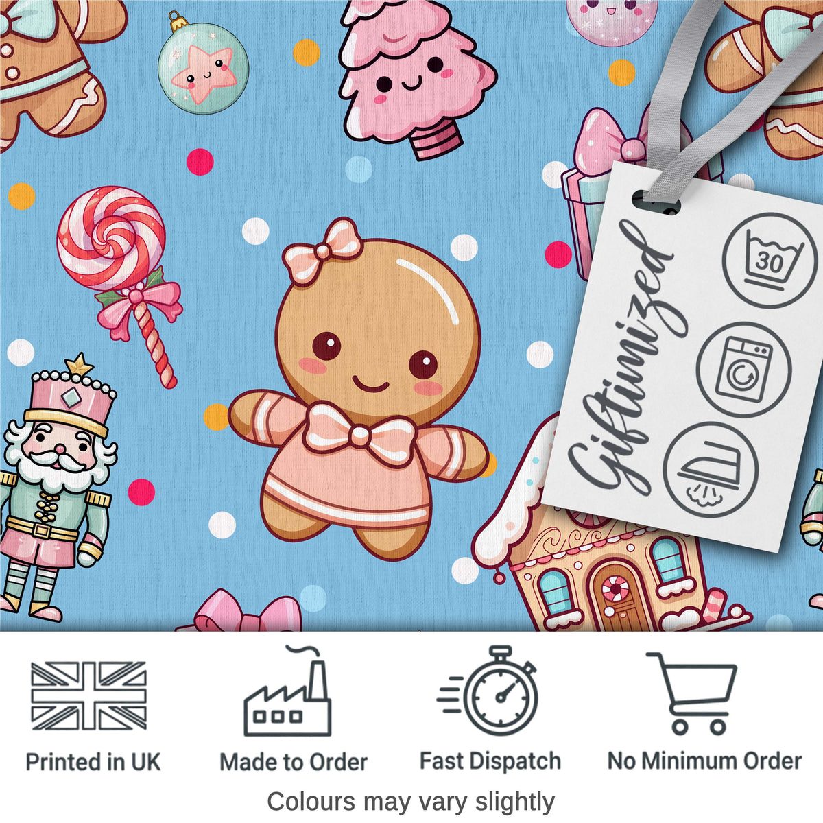 Cute Christmas Gingerbread Candy Gift House Seamless Pattern Blue Background Digital Print Fabric by the Metre UK Sewing Quilting Textile