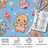 Cute Christmas Gingerbread Candy Gift House Seamless Pattern Blue Background Digital Print Fabric by the Metre UK Sewing Quilting Textile