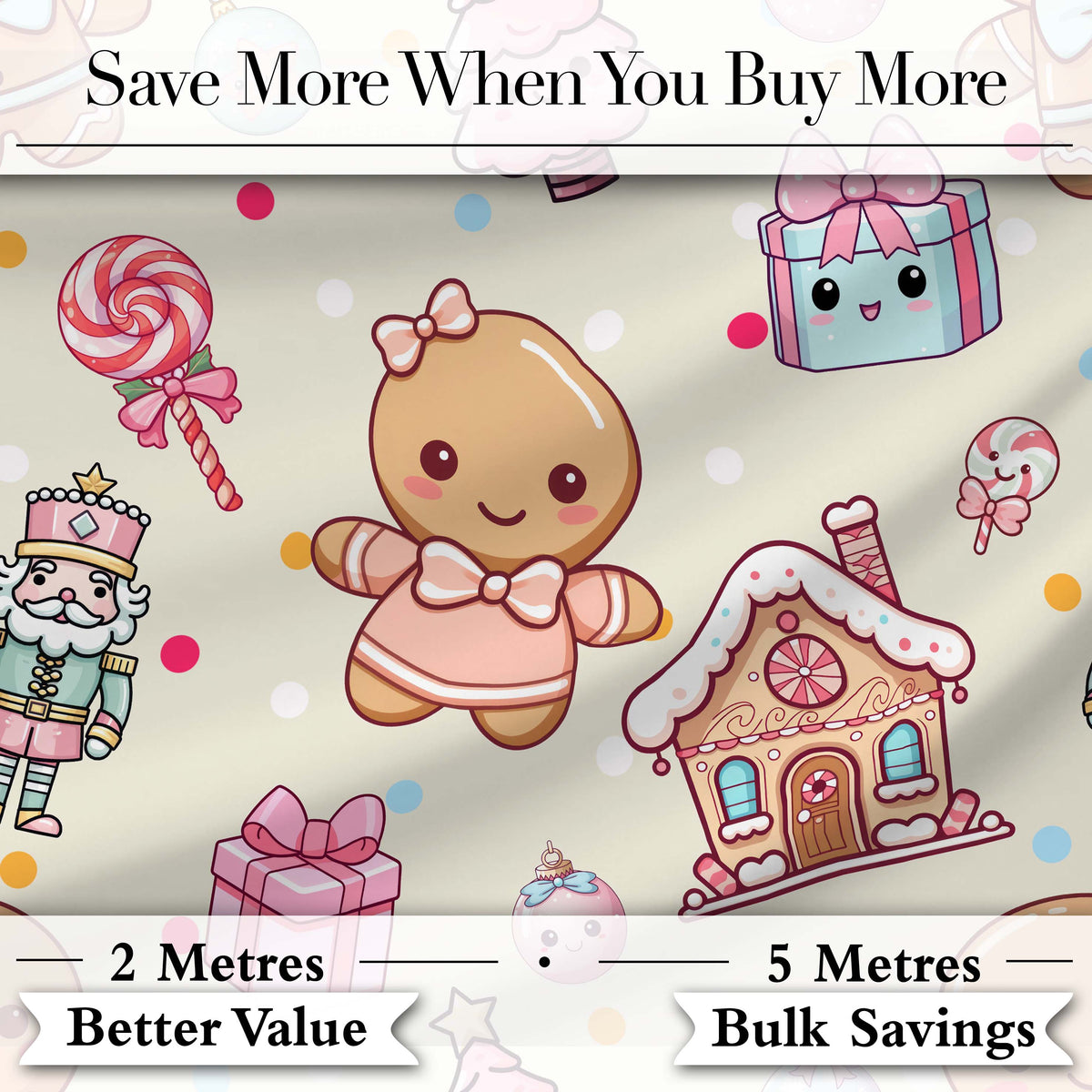 Cute Christmas Gingerbread Candy Gift House Seamless Pattern Cream Background Digital Print Fabric by the Metre UK Sewing Quilting Textile