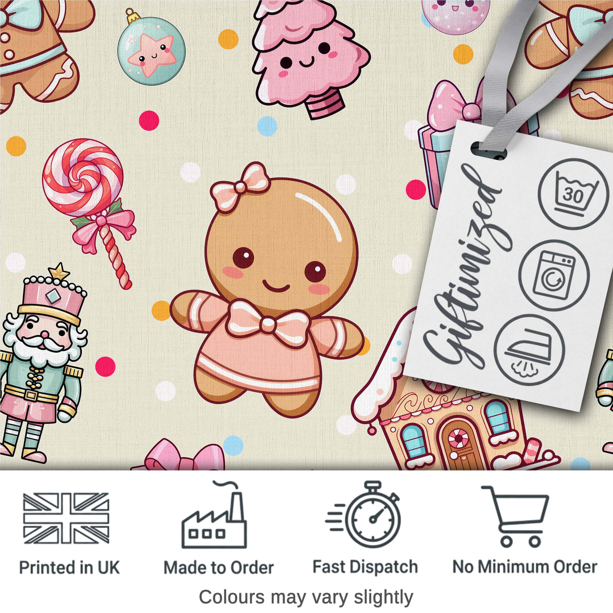 Cute Christmas Gingerbread Candy Gift House Seamless Pattern Cream Background Digital Print Fabric by the Metre UK Sewing Quilting Textile