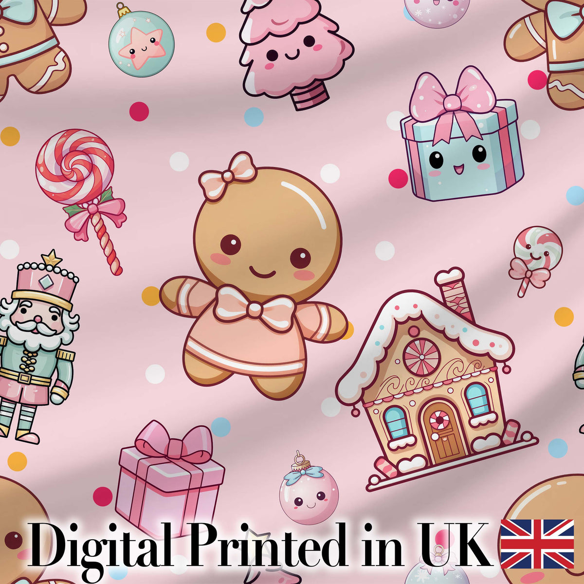 Cute Christmas Gingerbread Candy Gift House Seamless Pattern Pink Background Digital Print Fabric by the Metre UK Sewing Quilting Textile