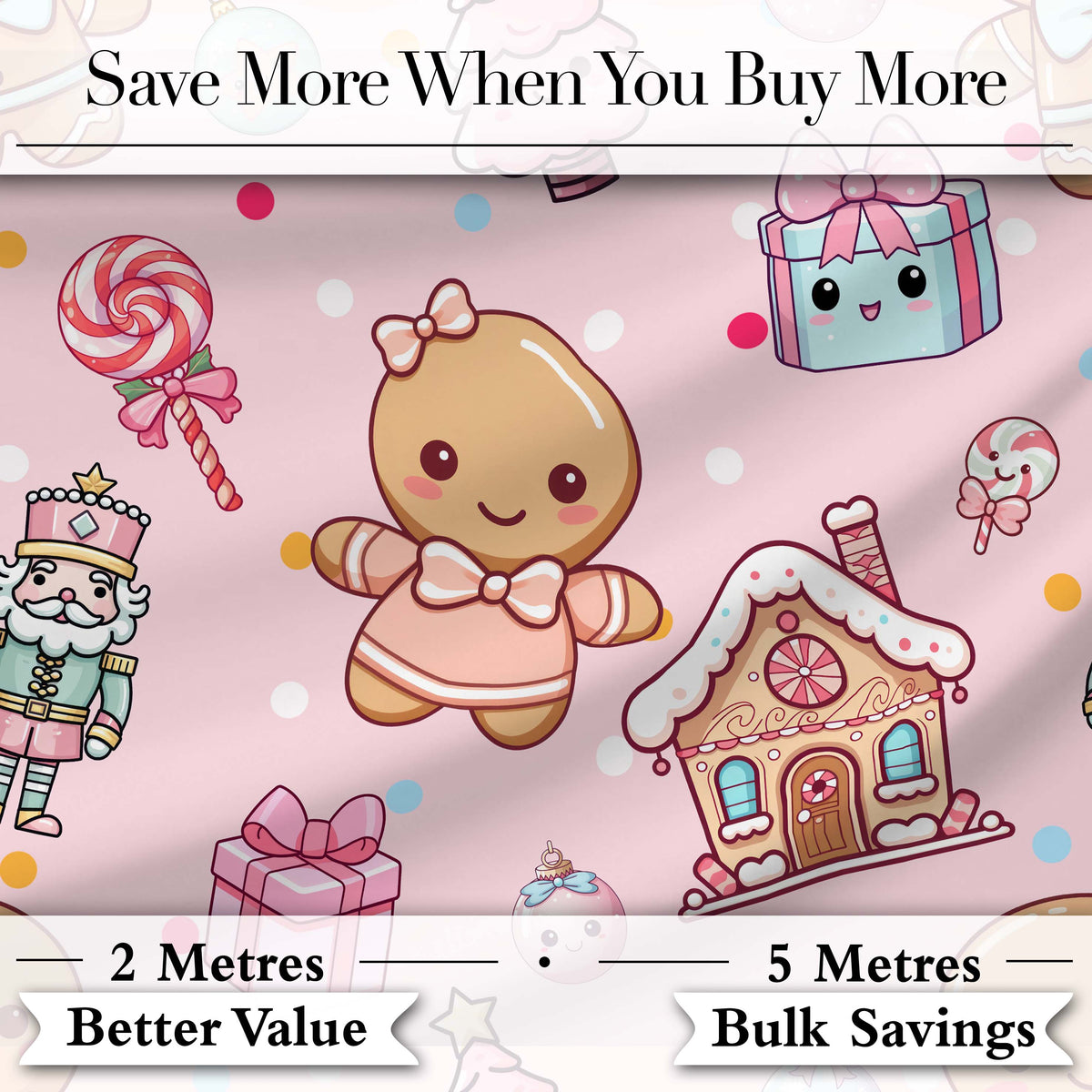 Cute Christmas Gingerbread Candy Gift House Seamless Pattern Pink Background Digital Print Fabric by the Metre UK Sewing Quilting Textile