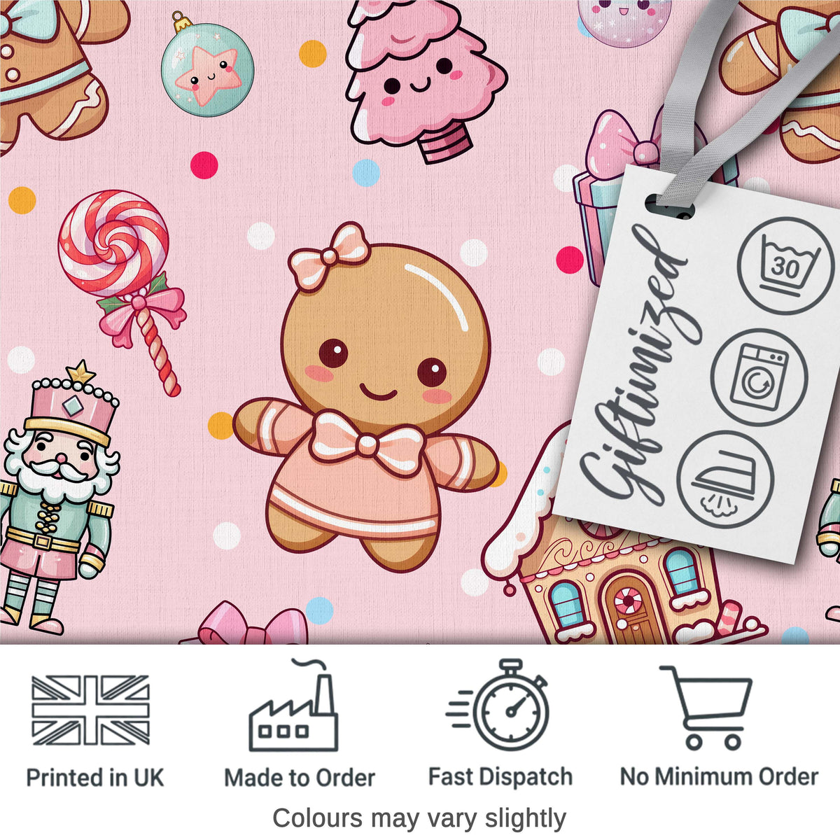 Cute Christmas Gingerbread Candy Gift House Seamless Pattern Pink Background Digital Print Fabric by the Metre UK Sewing Quilting Textile