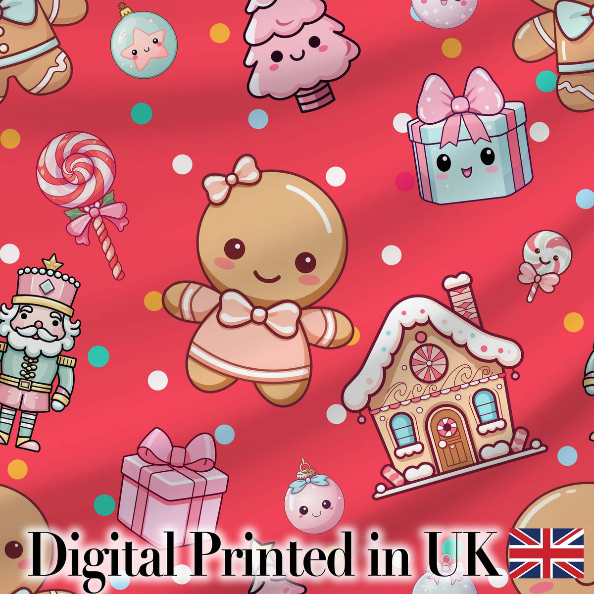 Cute Christmas Gingerbread Candy Gift House Seamless Pattern Red Background Digital Print Fabric by the Metre UK Sewing Quilting Textile