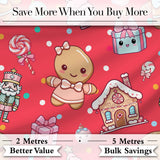 Cute Christmas Gingerbread Candy Gift House Seamless Pattern Red Background Digital Print Fabric by the Metre UK Sewing Quilting Textile