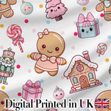 Cute Christmas Gingerbread Candy Gift House Seamless Pattern Grey Background Digital Print Fabric by the Metre UK Sewing Quilting Textile