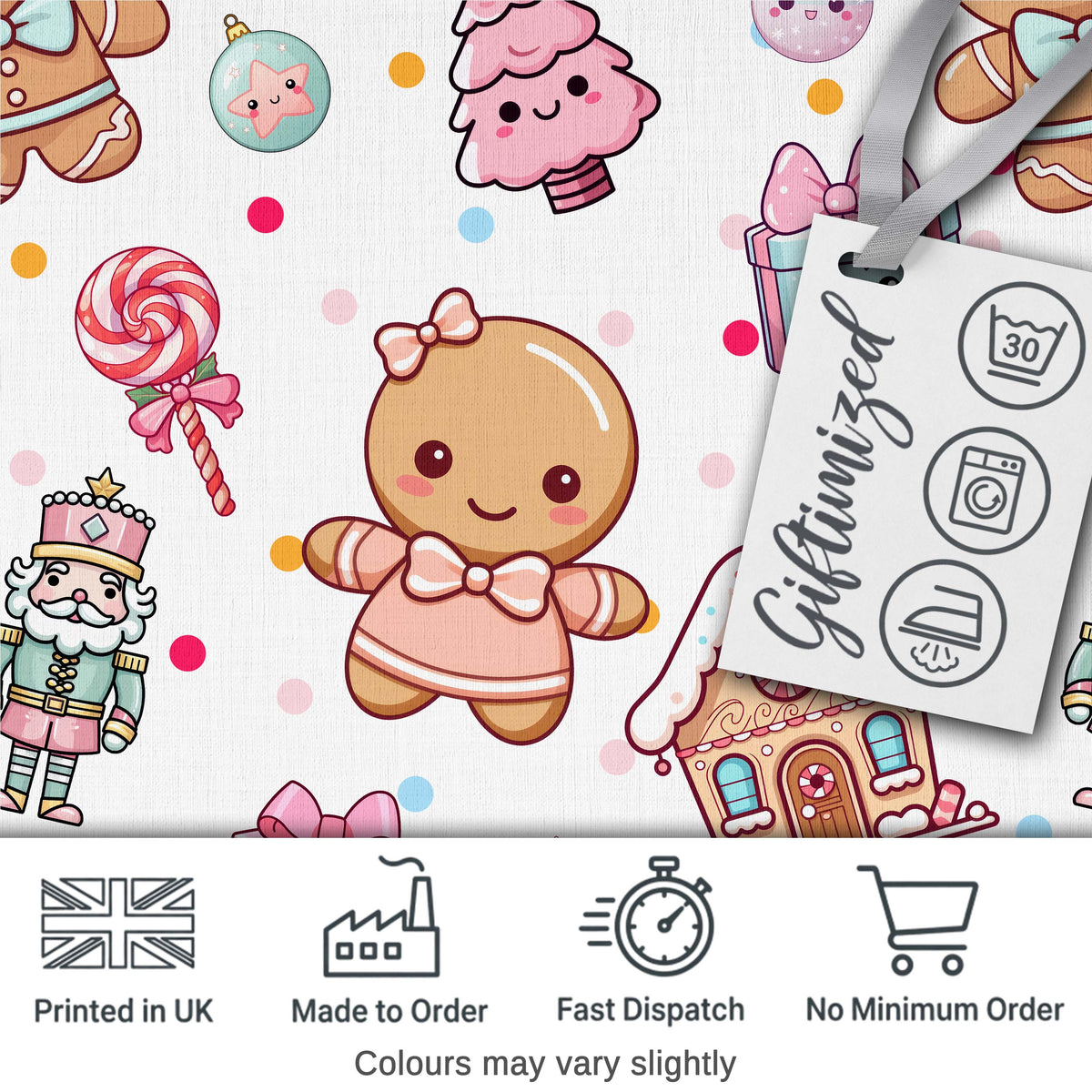 Cute Christmas Gingerbread Candy Gift House Seamless Pattern Grey Background Digital Print Fabric by the Metre UK Sewing Quilting Textile